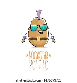 vector funny cartoon cute brown punk rock star potato character with Iroquois isolated on white background. My name is potato vector concept. rock n rock hipster vegetable funky character