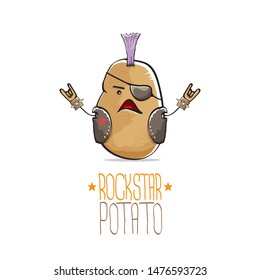 vector funny cartoon cute brown punk rock star potato character with Iroquois isolated on white background. My name is potato vector concept. rock n rock hipster vegetable funky character