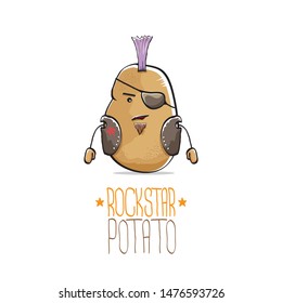 vector funny cartoon cute brown punk rock star potato character with Iroquois isolated on white background. My name is potato vector concept. rock n rock hipster vegetable funky character