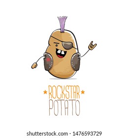 vector funny cartoon cute brown punk rock star potato character with Iroquois isolated on white background. My name is potato vector concept. rock n rock hipster vegetable funky character