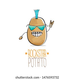 vector funny cartoon cute brown punk rock star potato character with Iroquois isolated on white background. My name is potato vector concept. rock n rock hipster vegetable funky character