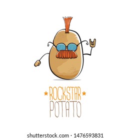 vector funny cartoon cute brown punk rock star potato character with Iroquois isolated on white background. My name is potato vector concept. rock n rock hipster vegetable funky character