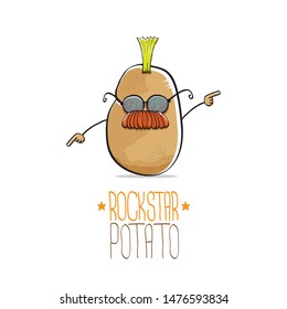 vector funny cartoon cute brown punk rock star potato character with Iroquois isolated on white background. My name is potato vector concept. rock n rock hipster vegetable funky character