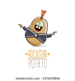 vector funny cartoon cute brown punk rock star potato character with Iroquois isolated on white background. My name is potato vector concept. rock n rock hipster vegetable funky character
