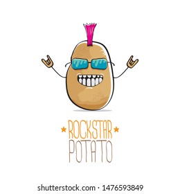 vector funny cartoon cute brown punk rock star potato character with Iroquois isolated on white background. My name is potato vector concept. rock n rock hipster vegetable funky character