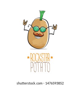 vector funny cartoon cute brown punk rock star potato character with Iroquois isolated on white background. My name is potato vector concept. rock n rock hipster vegetable funky character