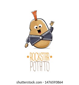 vector funny cartoon cute brown punk rock star potato character with Iroquois isolated on white background. My name is potato vector concept. rock n rock hipster vegetable funky character