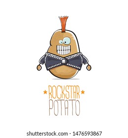 vector funny cartoon cute brown punk rock star potato character with Iroquois isolated on white background. My name is potato vector concept. rock n rock hipster vegetable funky character