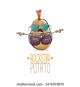 vector funny cartoon cute brown punk rock star potato character with Iroquois isolated on white background. My name is potato vector concept. rock n rock hipster vegetable funky character