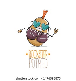 vector funny cartoon cute brown punk rock star potato character with Iroquois isolated on white background. My name is potato vector concept. rock n rock hipster vegetable funky character