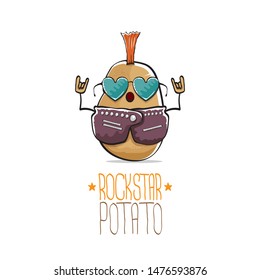 vector funny cartoon cute brown punk rock star potato character with Iroquois isolated on white background. My name is potato vector concept. rock n rock hipster vegetable funky character