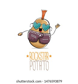 vector funny cartoon cute brown punk rock star potato character with Iroquois isolated on white background. My name is potato vector concept. rock n rock hipster vegetable funky character