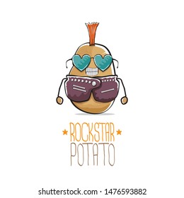 vector funny cartoon cute brown punk rock star potato character with Iroquois isolated on white background. My name is potato vector concept. rock n rock hipster vegetable funky character