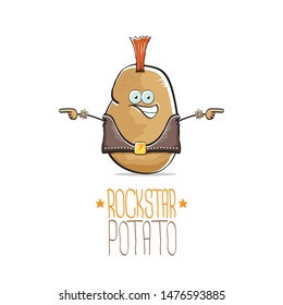 vector funny cartoon cute brown punk rock star potato character with Iroquois isolated on white background. My name is potato vector concept. rock n rock hipster vegetable funky character