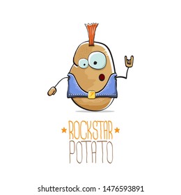 vector funny cartoon cute brown punk rock star potato character with Iroquois isolated on white background. My name is potato vector concept. rock n rock hipster vegetable funky character