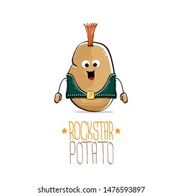 vector funny cartoon cute brown punk rock star potato character with Iroquois isolated on white background. My name is potato vector concept. rock n rock hipster vegetable funky character