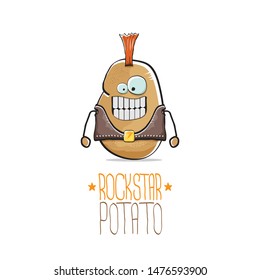 vector funny cartoon cute brown punk rock star potato character with Iroquois isolated on white background. My name is potato vector concept. rock n rock hipster vegetable funky character