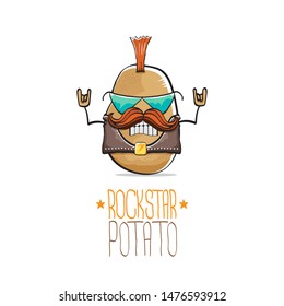 vector funny cartoon cute brown punk rock star potato character with Iroquois and moustache isolated on white background. My name is potato vector concept. rock hipster vegetable funky character
