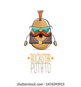 vector funny cartoon cute brown punk rock star potato character with Iroquois and moustache isolated on white background. My name is potato vector concept. rock hipster vegetable funky character