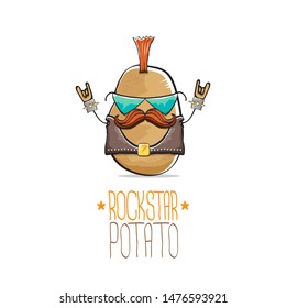 vector funny cartoon cute brown punk rock star potato character with Iroquois and moustache isolated on white background. My name is potato vector concept. rock hipster vegetable funky character