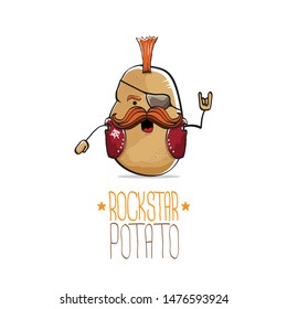 vector funny cartoon cute brown punk rock star potato character with Iroquois and moustache isolated on white background. My name is potato vector concept. rock hipster vegetable funky character