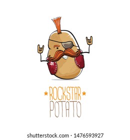 vector funny cartoon cute brown punk rock star potato character with Iroquois and moustache isolated on white background. My name is potato vector concept. rock hipster vegetable funky character