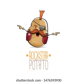 vector funny cartoon cute brown punk rock star potato character with Iroquois and moustache isolated on white background. My name is potato vector concept. rock hipster vegetable funky character