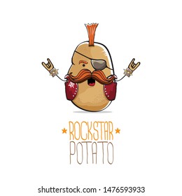 vector funny cartoon cute brown punk rock star potato character with Iroquois and moustache isolated on white background. My name is potato vector concept. rock hipster vegetable funky character
