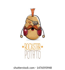 vector funny cartoon cute brown punk rock star potato character with Iroquois and moustache isolated on white background. My name is potato vector concept. rock hipster vegetable funky character