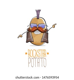 vector funny cartoon cute brown punk rock star potato character with Iroquois and moustache isolated on white background. My name is potato vector concept. rock hipster vegetable funky character