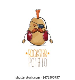 vector funny cartoon cute brown punk rock star potato character with Iroquois and moustache isolated on white background. My name is potato vector concept. rock hipster vegetable funky character