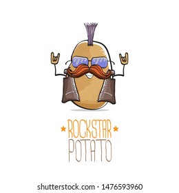 vector funny cartoon cute brown punk rock star potato character with Iroquois and moustache isolated on white background. My name is potato vector concept. rock hipster vegetable funky character