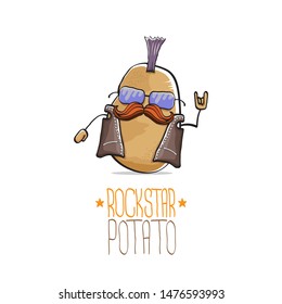 vector funny cartoon cute brown punk rock star potato character with Iroquois and moustache isolated on white background. My name is potato vector concept. rock hipster vegetable funky character