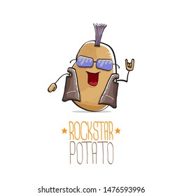 vector funny cartoon cute brown punk rock star potato character with Iroquois isolated on white background. My name is potato vector concept. rock n rock hipster vegetable funky character