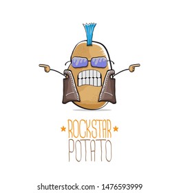 vector funny cartoon cute brown punk rock star potato character with Iroquois isolated on white background. My name is potato vector concept. rock n rock hipster vegetable funky character