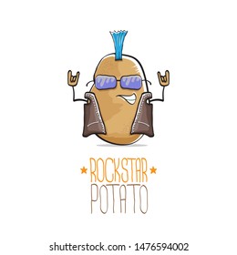 vector funny cartoon cute brown punk rock star potato character with Iroquois isolated on white background. My name is potato vector concept. rock n rock hipster vegetable funky character