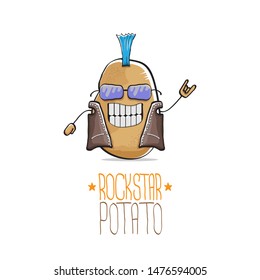 vector funny cartoon cute brown punk rock star potato character with Iroquois isolated on white background. My name is potato vector concept. rock n rock hipster vegetable funky character