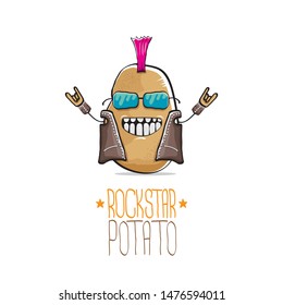 vector funny cartoon cute brown punk rock star potato character with Iroquois isolated on white background. My name is potato vector concept. rock n rock hipster vegetable funky character
