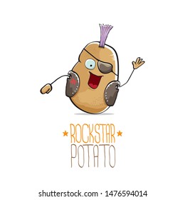 vector funny cartoon cute brown punk rock star potato character with Iroquois isolated on white background. My name is potato vector concept. rock n rock hipster vegetable funky character