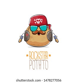 vector funny cartoon cute brown punk rock star potato character with bandana, leather jacket, sunglasses and moustache isolated on white background. rock hipster vegetable funky character