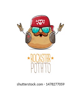 vector funny cartoon cute brown punk rock star potato character with bandana, leather jacket, sunglasses and moustache isolated on white background. rock hipster vegetable funky character