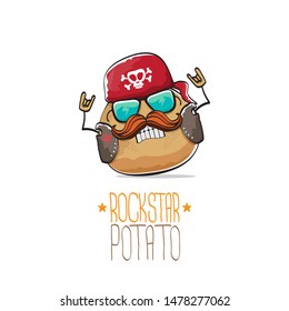 vector funny cartoon cute brown punk rock star potato character with bandana, leather jacket, sunglasses and moustache isolated on white background. rock hipster vegetable funky character