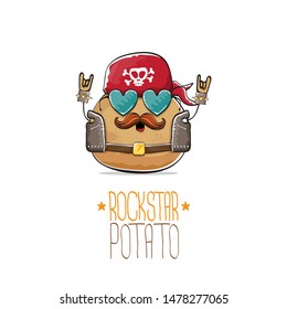 vector funny cartoon cute brown punk rock star potato character with bandana, leather jacket, sunglasses and moustache isolated on white background. rock hipster vegetable funky character