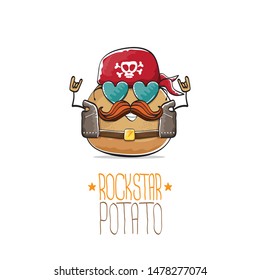 vector funny cartoon cute brown punk rock star potato character with bandana, leather jacket, sunglasses and moustache isolated on white background. rock hipster vegetable funky character