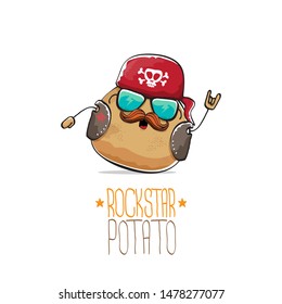 vector funny cartoon cute brown punk rock star potato character with bandana, leather jacket, sunglasses and moustache isolated on white background. rock hipster vegetable funky character