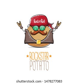 vector funny cartoon cute brown punk rock star potato character with bandana, leather jacket, sunglasses and moustache isolated on white background. rock hipster vegetable funky character