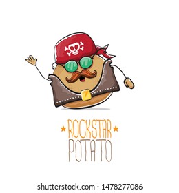 vector funny cartoon cute brown punk rock star potato character with bandana, leather jacket, sunglasses and moustache isolated on white background. rock hipster vegetable funky character