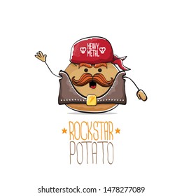 vector funny cartoon cute brown punk rock star potato character with bandana, leather jacket and moustache isolated on white background. rock hipster vegetable funky character