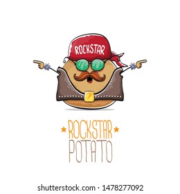 vector funny cartoon cute brown punk rock star potato character with bandana, leather jacket, sunglasses and moustache isolated on white background. rock hipster vegetable funky character