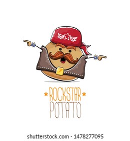 vector funny cartoon cute brown punk rock star potato character with bandana, leather jacket and moustache isolated on white background. rock hipster vegetable funky character